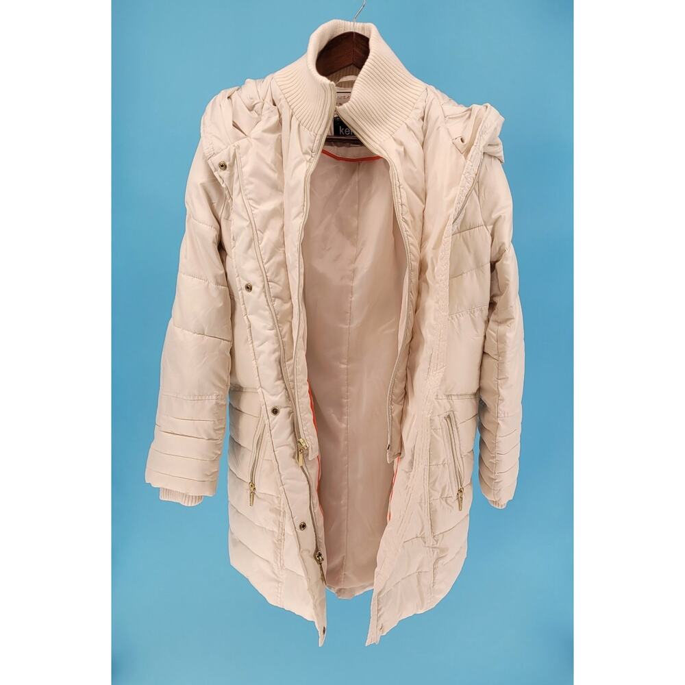 Kensie Outerwear Beige Long Puffer Coat W/ Oversized Hood Chic Size M No Belt - Picture 3 of 9